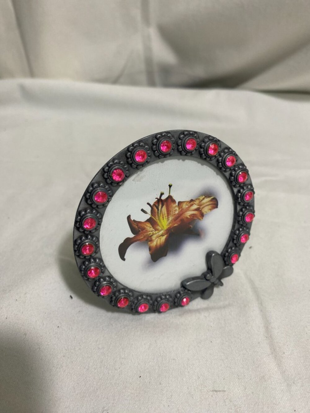 Mini Rhinestone Flower Picture Frame Butterfly Accent Round Desk Frame Pink Gems